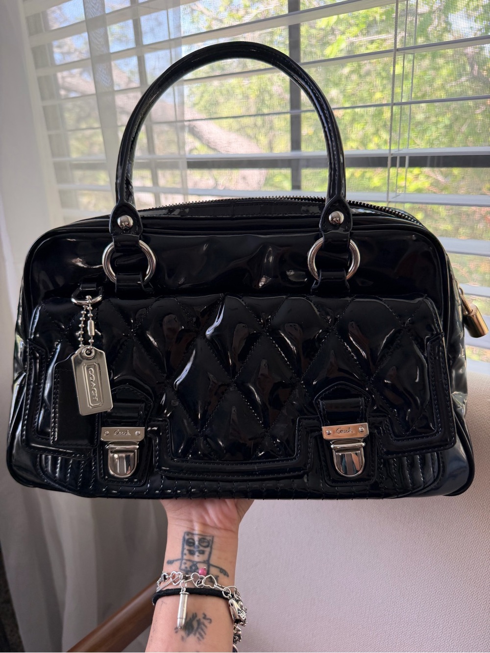 Coach Black Patent Quilted Dome Satchel with Silver Hardware